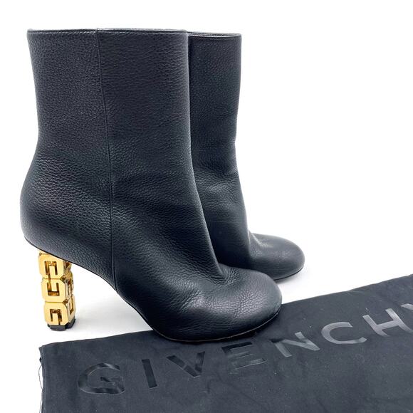 Givenchy G Cube Gold Heel Booties Black Leather Heels 4G Logo Ankle Sz 36 / 6 - Picture 1 of 13